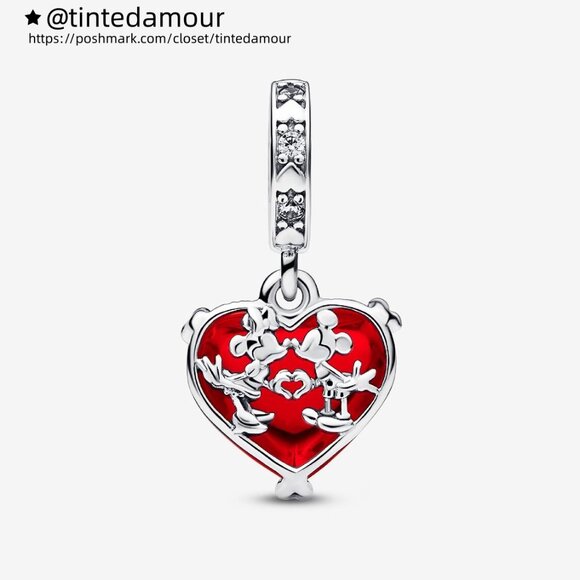 Pandora Disney Mickey & Minnie Mouse Kiss Red Murano Glass Dangle Charm - Picture 2 of 5